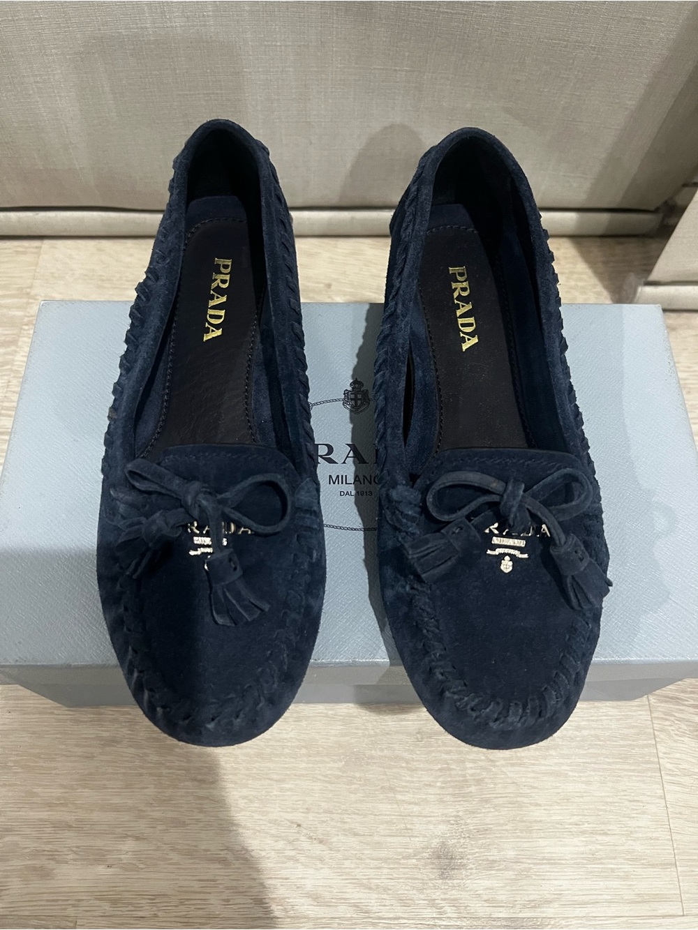 Prada Navy Suede Tassel Moccasins for Women